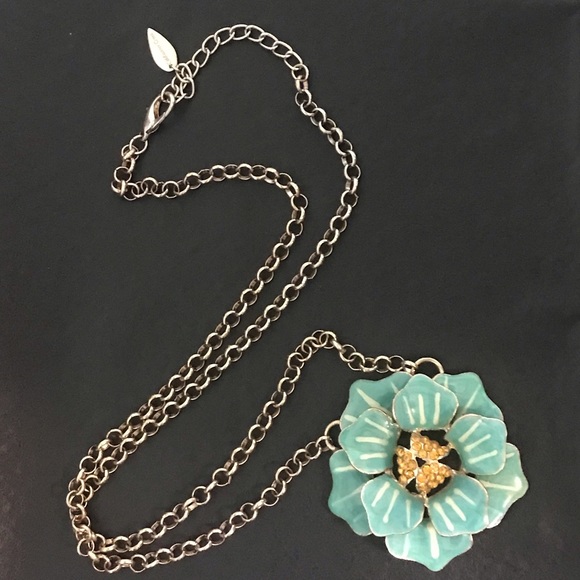Coldwater creek necklace featuring aqua enameled flower with amber rhinestones - Picture 5 of 7